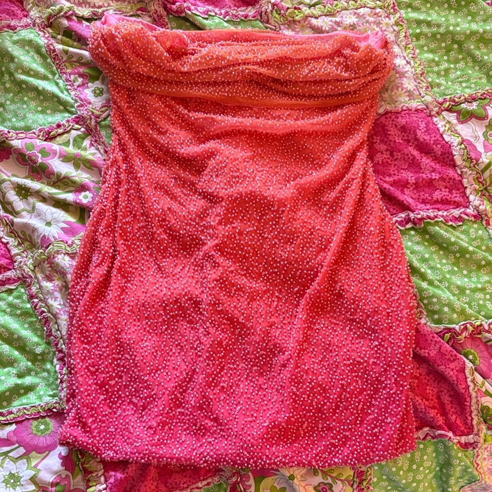Oh Polly Strapless Beaded Pink-Red Mini Dress